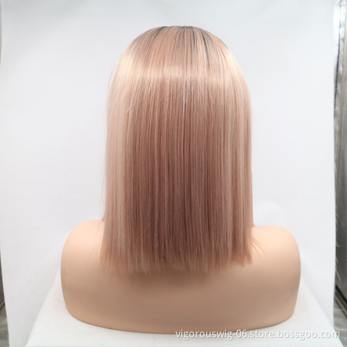 Bob blonde straight ombre wholesale high quality heat resistant cheap synthetic short wig with lace front